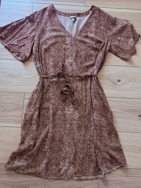 A New Day Brown Animal Print Tie Waist Dress XL Flowy Boho